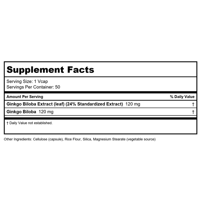 Now Foods Ginkgo Biloba Double Strength 120 mg 50 Vcaps - 4682 - Supplement Facts panel