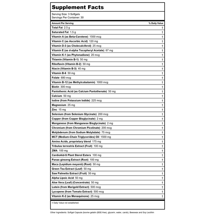 Now Sports Men's Active Sports Multi 90 Softgels - 3890 - Supplement Facts panel