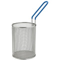 A silver stainless steel pasta basket with a blue plastic-coated handle.