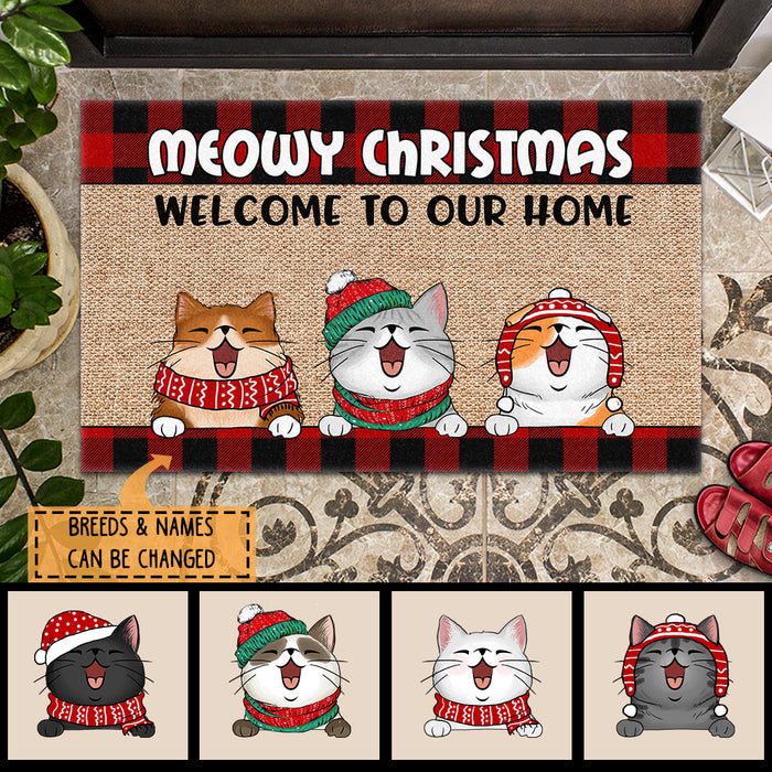 Pawzity Welcome To Our Home Personalized Doormat, Gifts For Cat Lovers, Meowy Christmas Front Door Mat