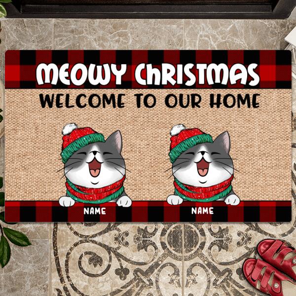 Pawzity Welcome To Our Home Personalized Doormat, Gifts For Cat Lovers, Meowy Christmas Front Door Mat