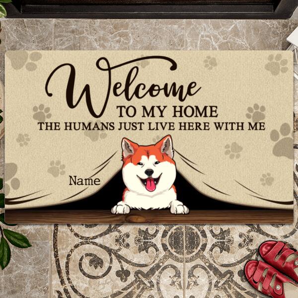 Pawzity Welcome To Our Home Personalized Doormat, Gifts For Pet Lovers, Pet Peeking From Curtain Front Door Mat