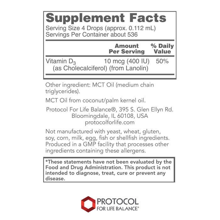 Protocol For Life Balance Liquid Vitamin D3 400 IU Per 4 Drops 2 Oz - P0370
