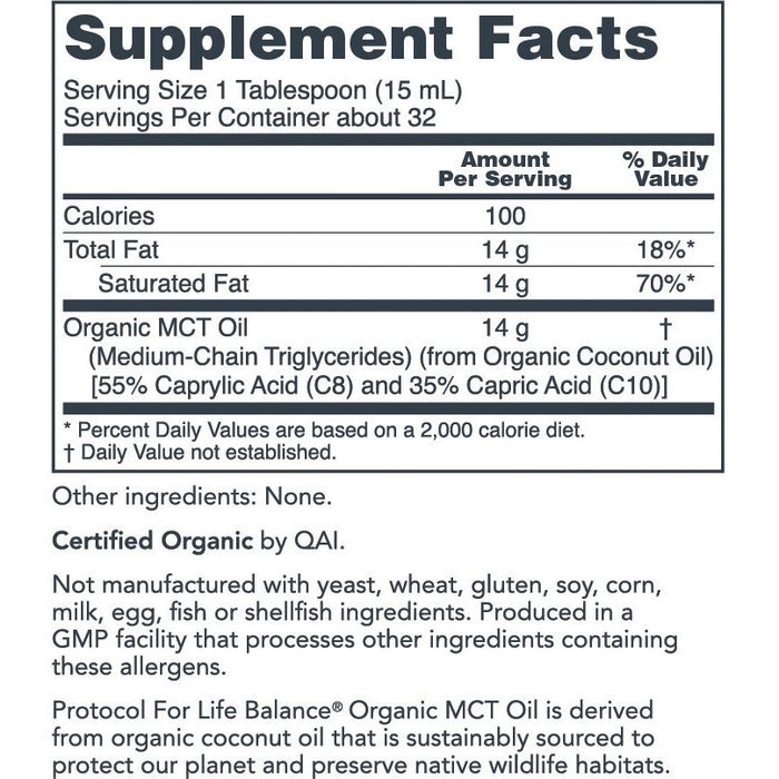 Protocol for Life Balance Organic MCT Oil 16 oz - P2235 - - Supplement Facts panel