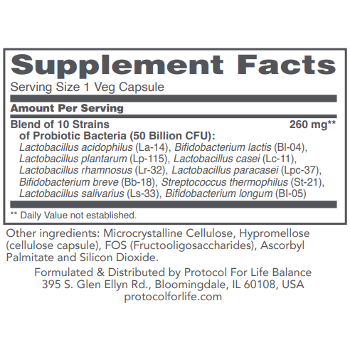 Protocol for Life Balance ProtoDophilus 50 Billion 10 Strains 50 Vcaps - P2928 - Supplement Facts panel