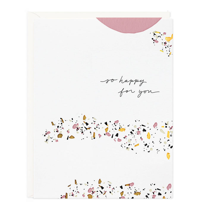 So Happy For You Terrazzo Card with pink envelope and colorful confetti design