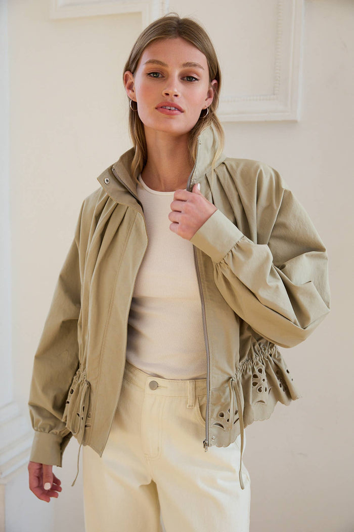 Rosalyn Pleated High-Neck Eyelet Scallop Jacket