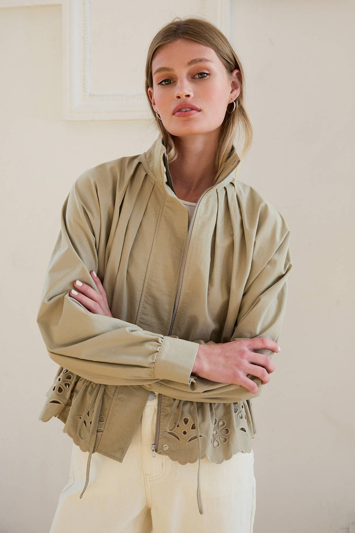 Rosalyn Pleated High-Neck Eyelet Scallop Jacket