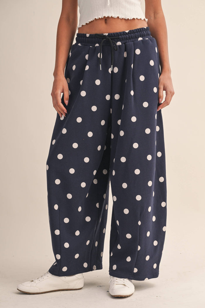 Serena Navy/White Polka Dot Barrel Leg Sweatpants