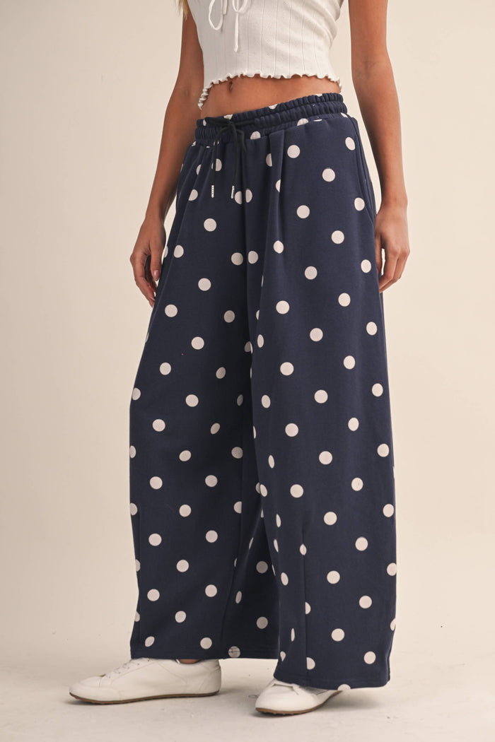 Serena Navy/White Polka Dot Barrel Leg Sweatpants