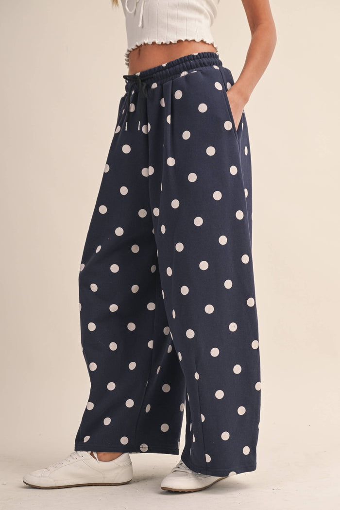 Serena Navy/White Polka Dot Barrel Leg Sweatpants