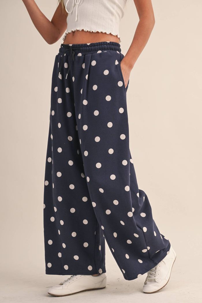 Serena Navy/White Polka Dot Barrel Leg Sweatpants