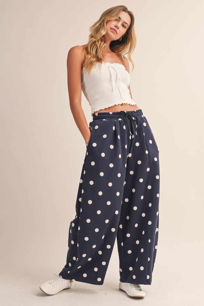 Serena Navy/White Polka Dot Barrel Leg Sweatpants