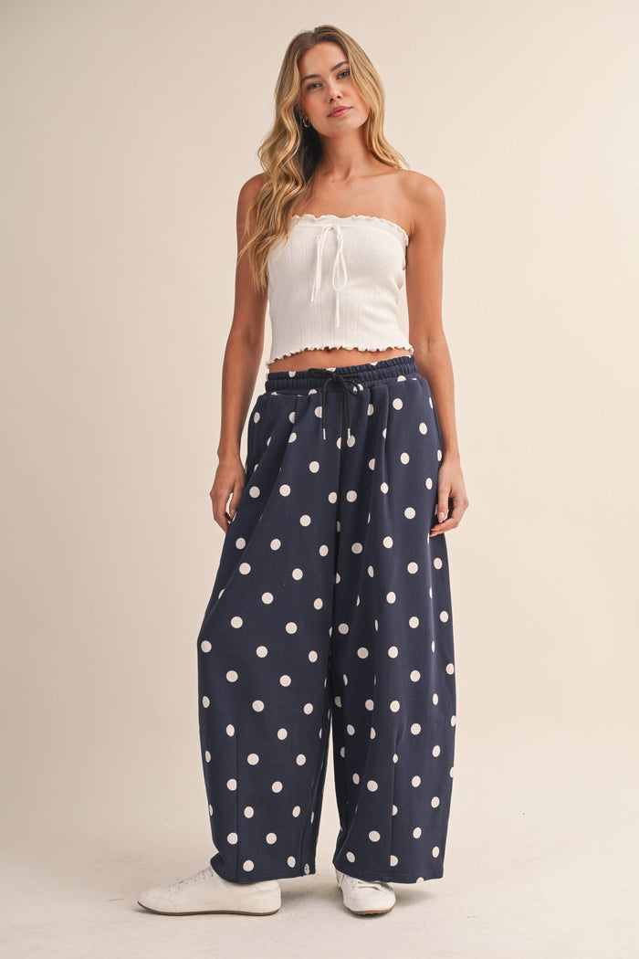 Serena Navy/White Polka Dot Barrel Leg Sweatpants