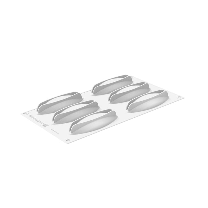White 6 cavity mold upside down on a white background