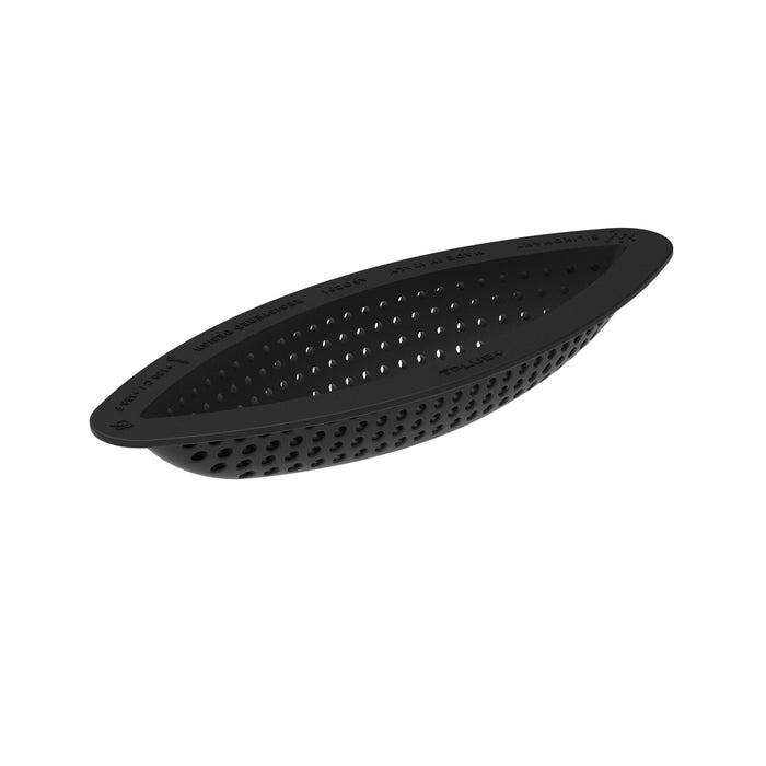 Black silicone basket insert with holes on a white background