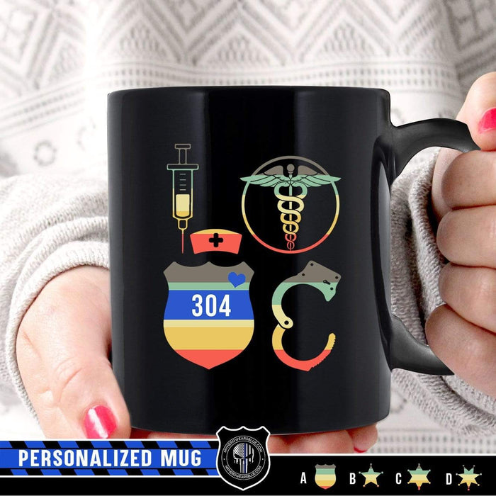 Mugs Black / 11oz Personalized Mug - Stacked Love Vintage Graphic - Nurse x Police - Coffee Mug