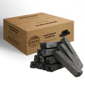 A box of Kasai Sumi Bincho charcoal with several charcoal briquettes displayed in front of it on white background.