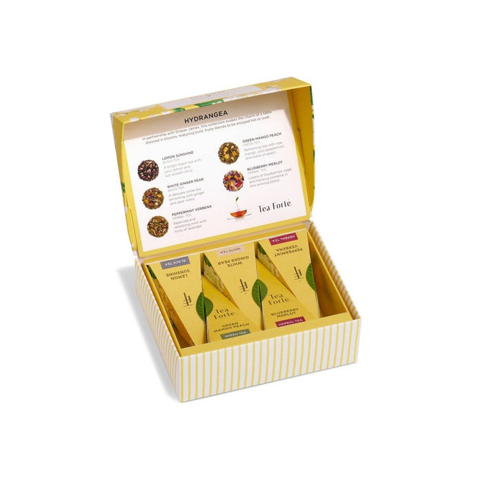 Tea Forte Hydrangea Mini Petite Presentation Box with assorted herbal tea packets displayed