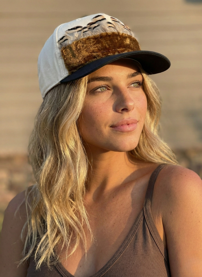 Teagan  Black & Canvas Velvet and Feather Trim Hat
