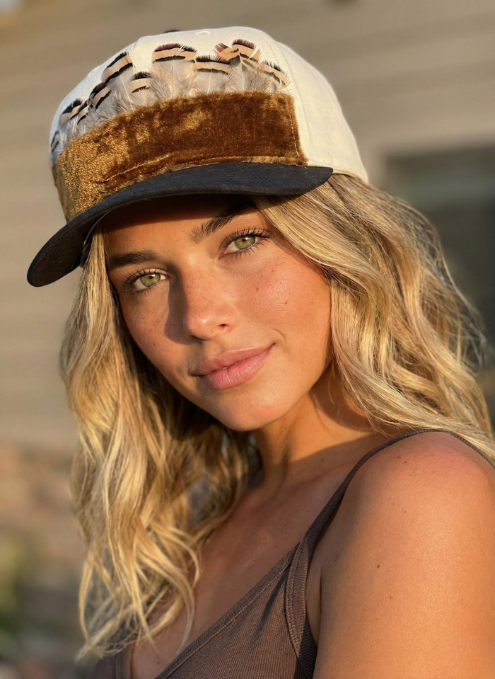 Teagan  Black & Canvas Velvet and Feather Trim Hat