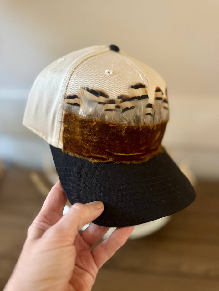 Teagan  Black & Canvas Velvet and Feather Trim Hat