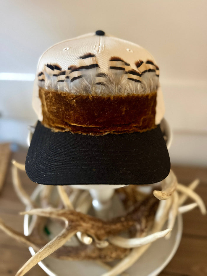 Teagan  Black & Canvas Velvet and Feather Trim Hat