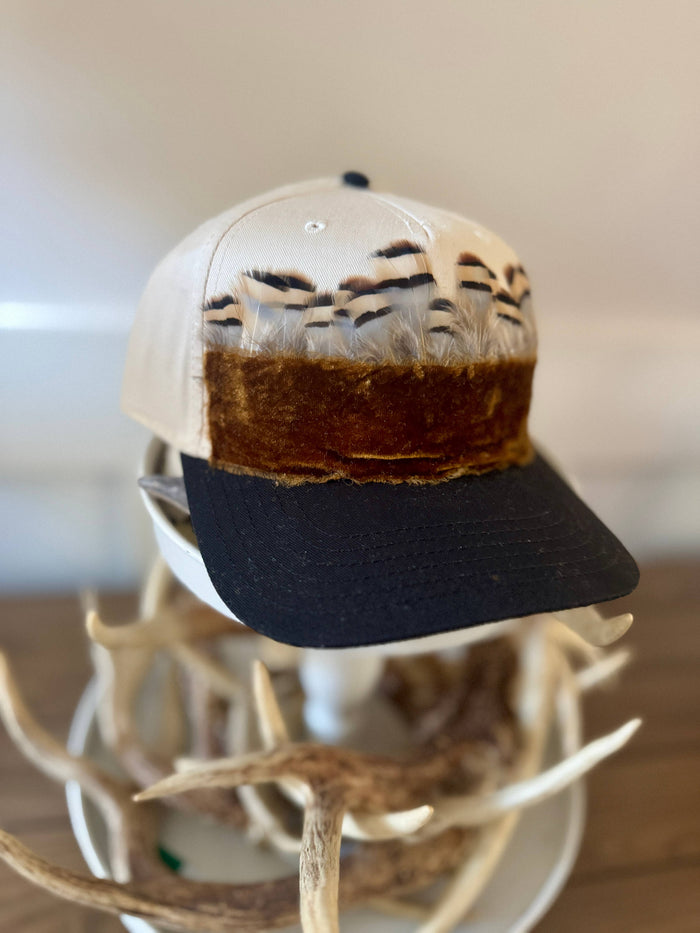 Teagan  Black & Canvas Velvet and Feather Trim Hat