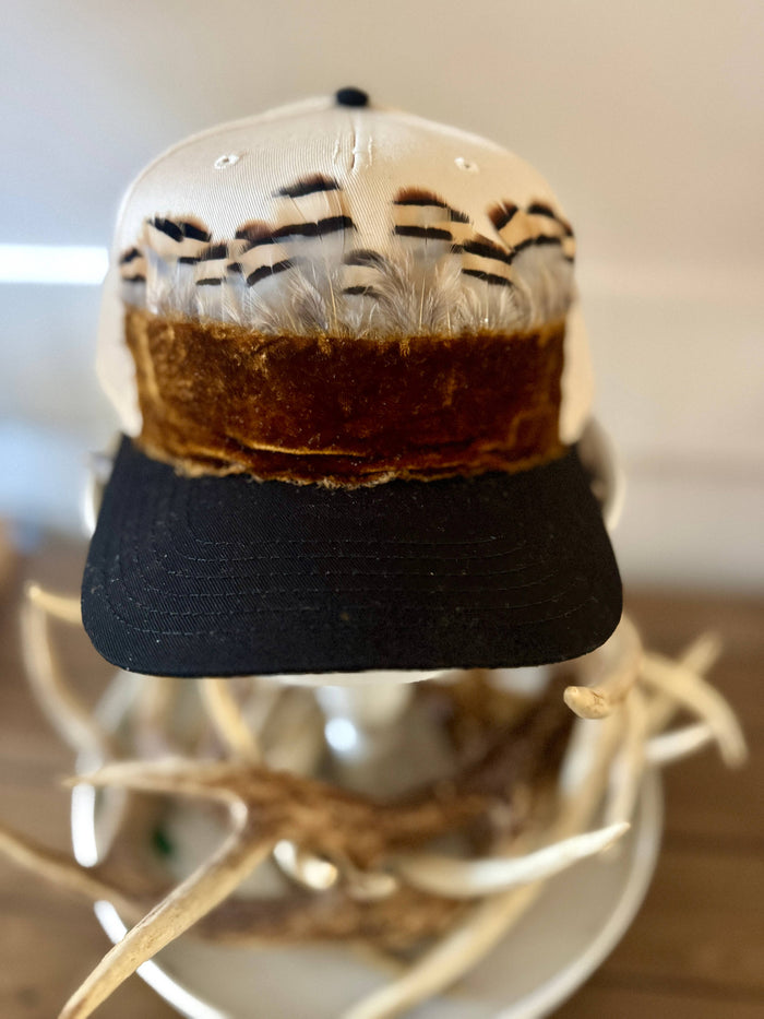 Teagan  Black & Canvas Velvet and Feather Trim Hat