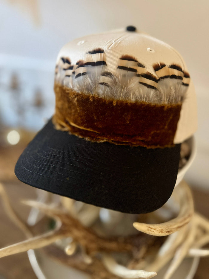 Teagan  Black & Canvas Velvet and Feather Trim Hat