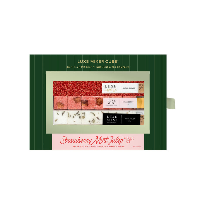 Strawberry Mint Julep Mixer Kit in a green box with three tubes of cubes