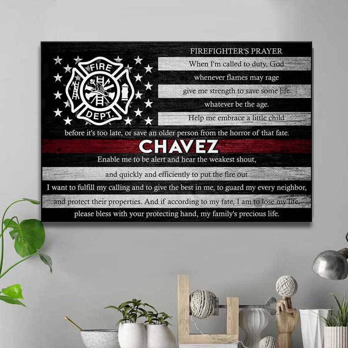 Canvas Prints 24" x 16" - BEST SELLER / 0.75" Thin Red Line Flag - Firefighter Prayer Thin Red Line Personalized Firefighter Canvas Print