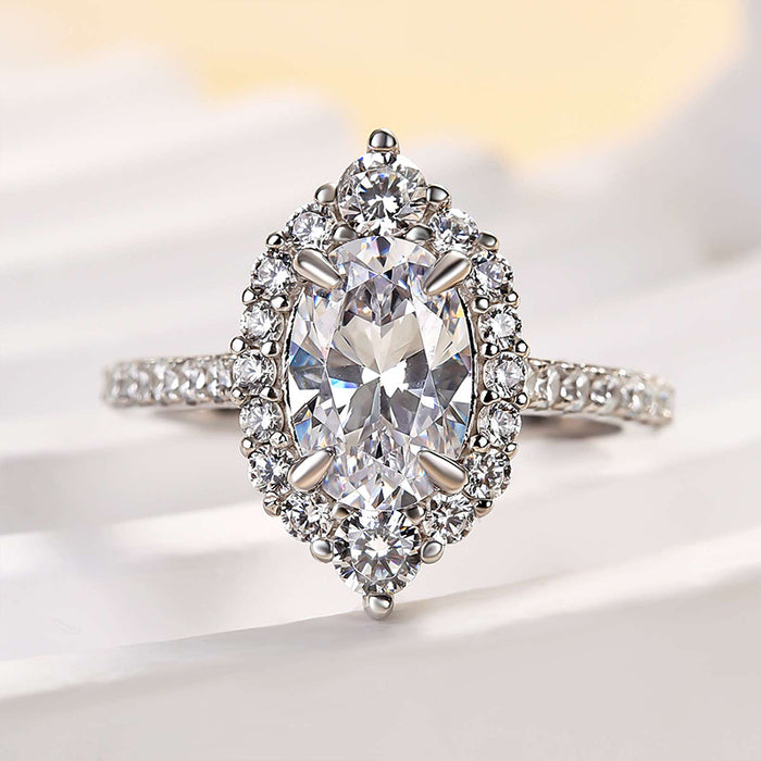 Unique Design Halo Oval Cut Sona Simulated Diamond Engagement Ring In Sterling Silver