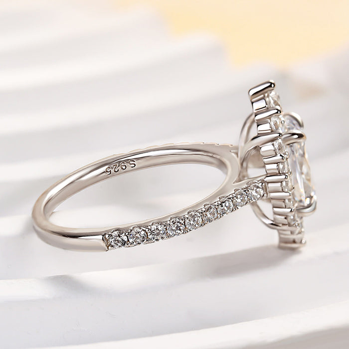 Unique Design Halo Oval Cut Sona Simulated Diamond Engagement Ring In Sterling Silver