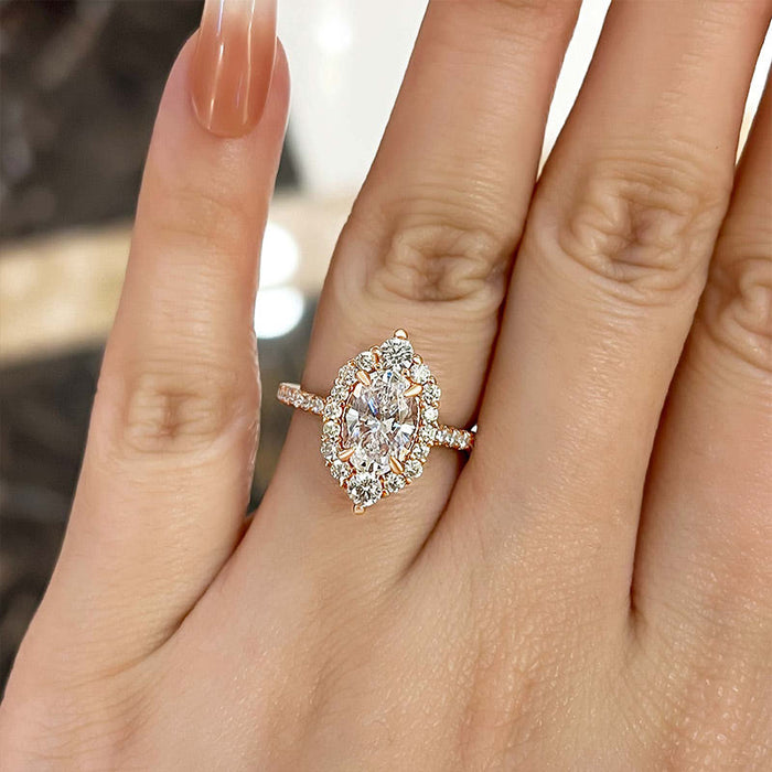 Unique Design Halo Oval Cut Sona Simulated Diamond Engagement Ring In Sterling Silver