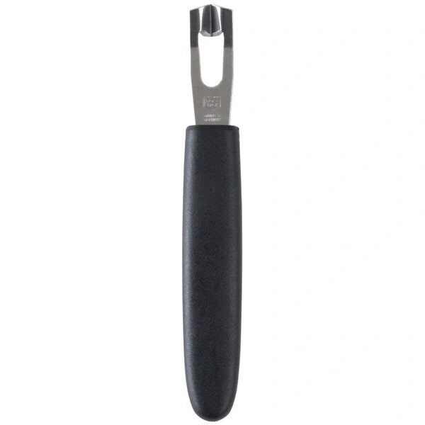 A stainless steel Victorinox channel knife with a black handle, designed for creating curled fruit peels.