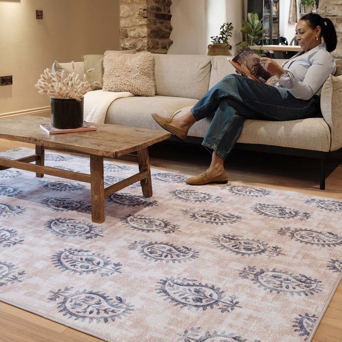 Woodblock Paisley Blue Eco-Washable Rug- 100% recycled content rug featuring a blue paisley pattern.