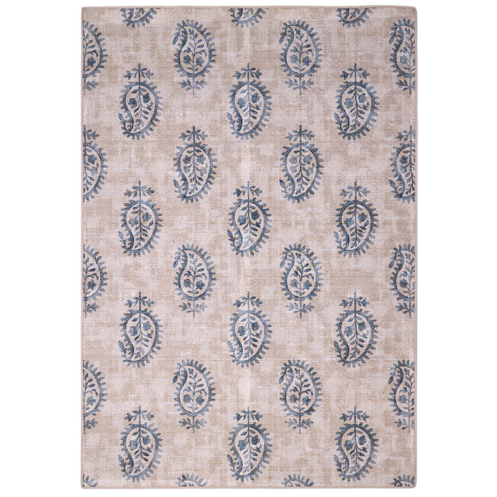 Woodblock Paisley Blue Eco-Washable Rug- 100% recycled content rug featuring a blue paisley pattern.