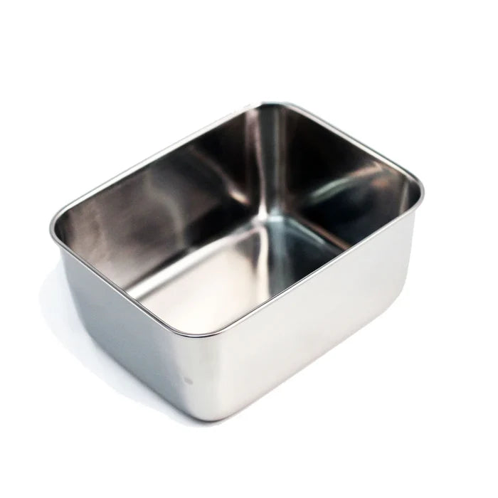 Stainless steel rectangular container on a white background