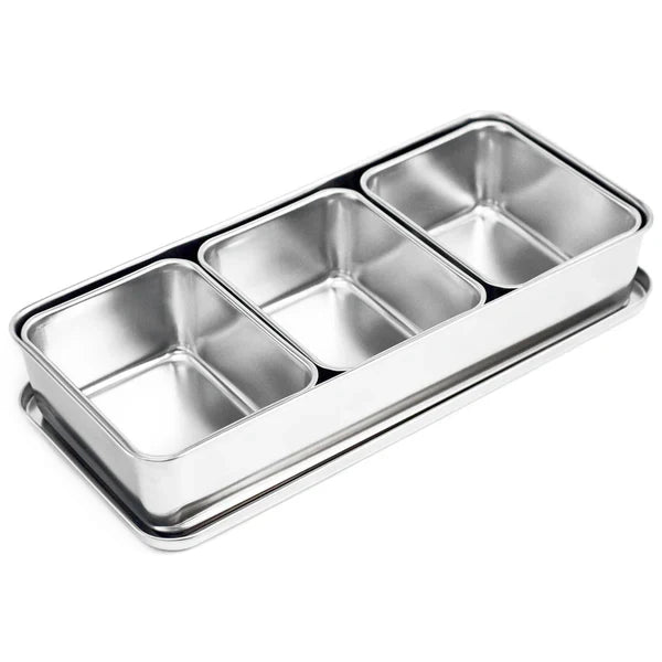Silver stainless steel Yakumi condiment compartment tray on a white background.