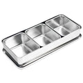 Silver stainless steel Yakumi condiment compartment tray on a white background.