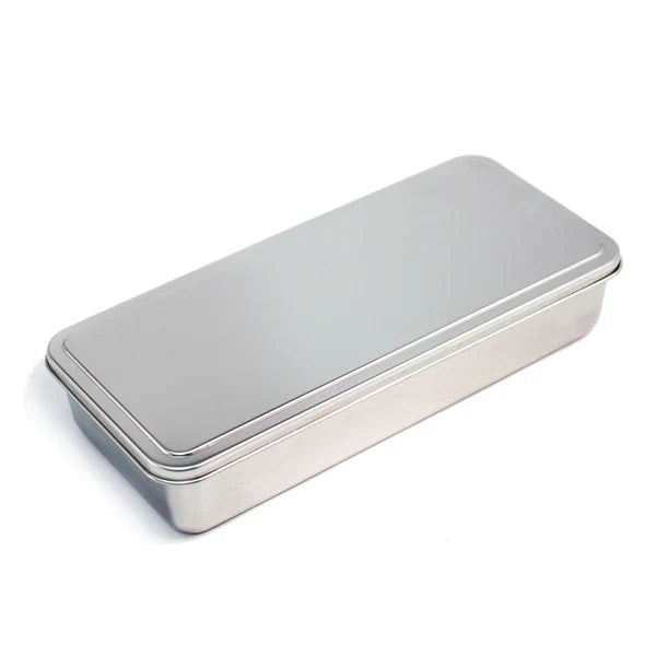 Yakumi stainless steel rectangular condiment metal tin with a silver lid on a white background.