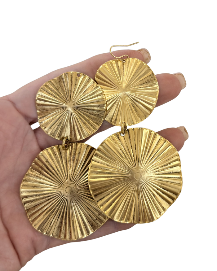 Yochi Gold Double Sunburst Disc Drop Earrings