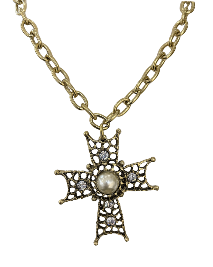 Yochi Gold Filigree Cross Pearl & Crystal Necklace