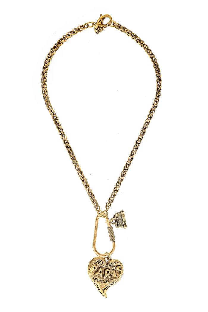 Yochi "My Paris" Heart Charm Wheat Chain Necklace